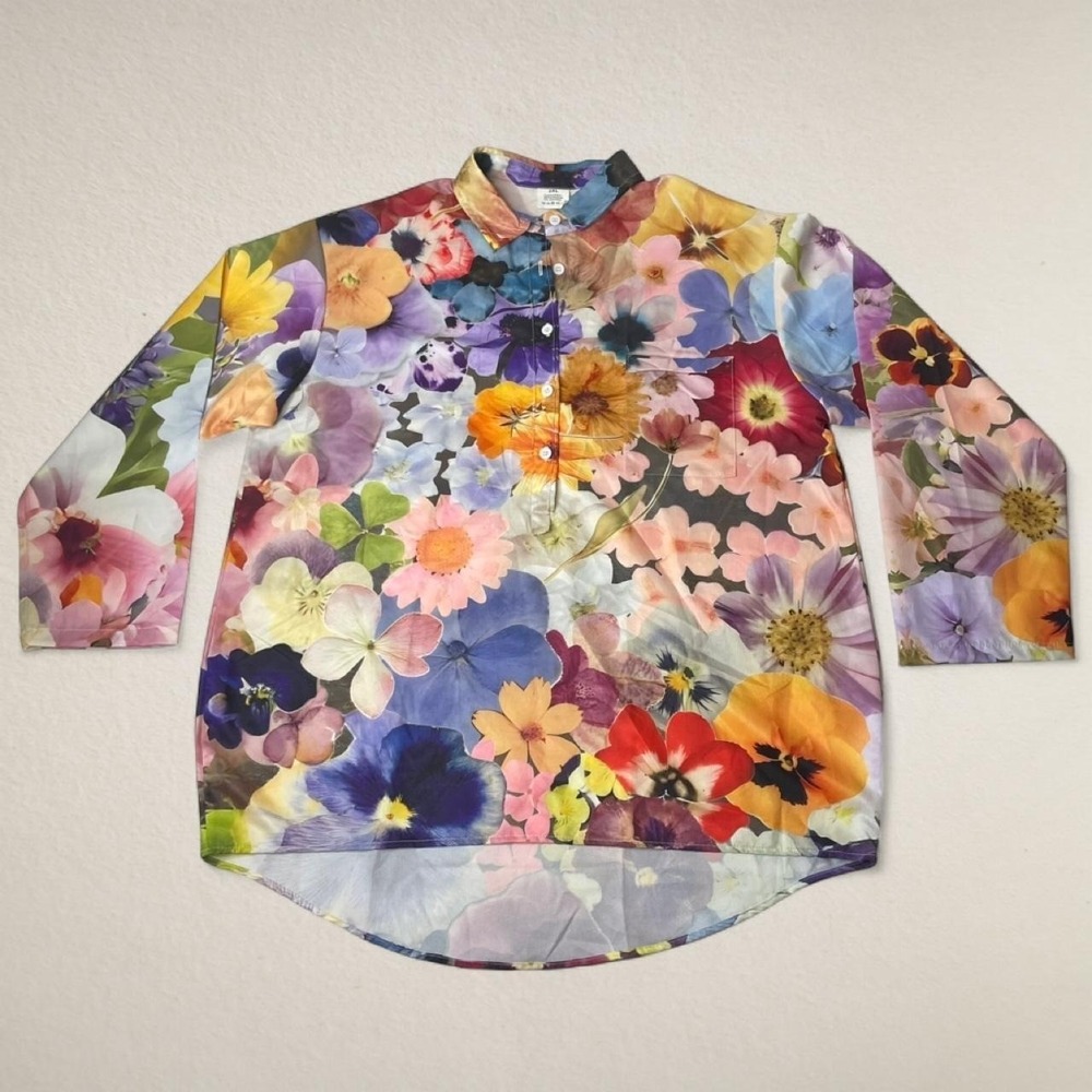 Vibrant All-Over Floral Print Button Up  Boho Top size 2XL